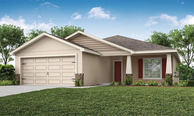 1436 Fleur Dr, Davenport, FL 33837 - ranch-style house with a garage, driveway, a front lawn, a shingled roof, and stucco siding