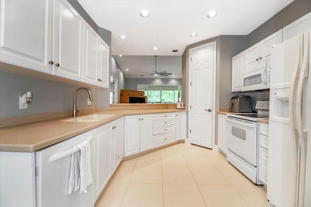 3608 54th Dr W Unit 202, Bradenton, FL 34210 - kitchen featuring white appliances, white cabinetry, recessed lighting, a ceiling fan, and light countertops