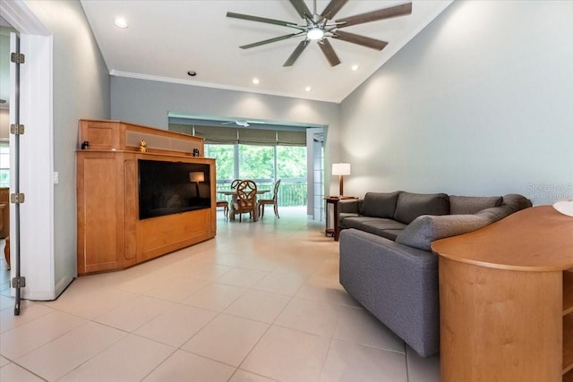 3608 54th Dr W Unit 202, Bradenton, FL 34210 - living area featuring ceiling fan, light tile patterned floors, recessed lighting, ornamental molding, and vaulted ceiling