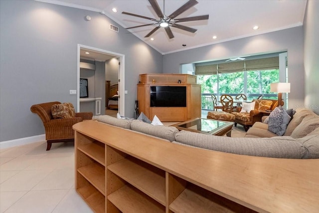 3608 54th Dr W Unit 202, Bradenton, FL 34210 - living room featuring crown molding, vaulted ceiling, a ceiling fan, recessed lighting, and light tile patterned floors