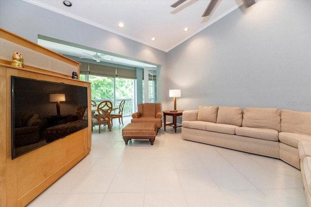 3608 54th Dr W Unit 202, Bradenton, FL 34210 - living area featuring ceiling fan, ornamental molding, vaulted ceiling, and recessed lighting