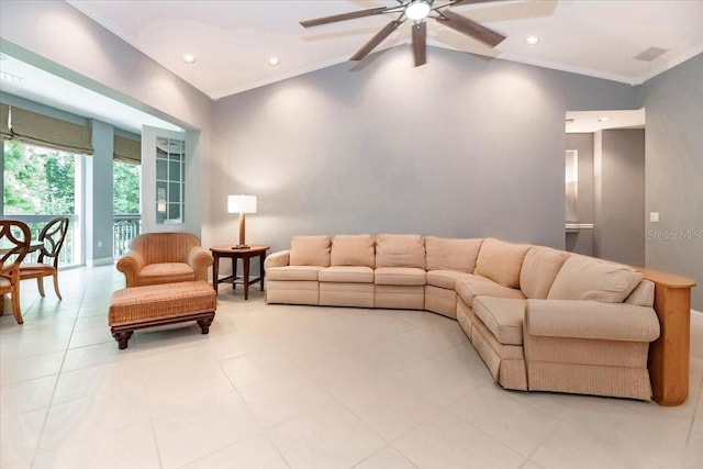 3608 54th Dr W Unit 202, Bradenton, FL 34210 - living room with ornamental molding, a ceiling fan, vaulted ceiling, light tile patterned flooring, and recessed lighting