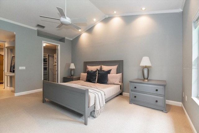 3608 54th Dr W Unit 202, Bradenton, FL 34210 - bedroom featuring light colored carpet, crown molding, a spacious closet, vaulted ceiling, and recessed lighting