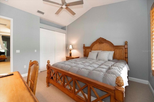 3608 54th Dr W Unit 202, Bradenton, FL 34210 - bedroom featuring vaulted ceiling, a closet, light colored carpet, and a ceiling fan