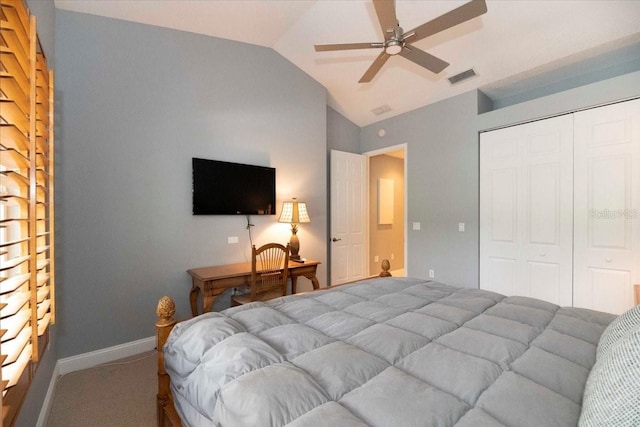 3608 54th Dr W Unit 202, Bradenton, FL 34210 - bedroom featuring vaulted ceiling, carpet floors, a closet, and ceiling fan