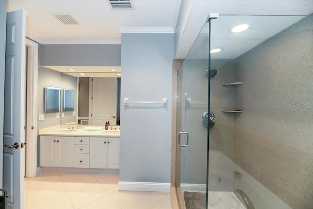 3608 54th Dr W Unit 202, Bradenton, FL 34210 - bathroom with ornamental molding, double vanity, a shower stall, and tile patterned flooring