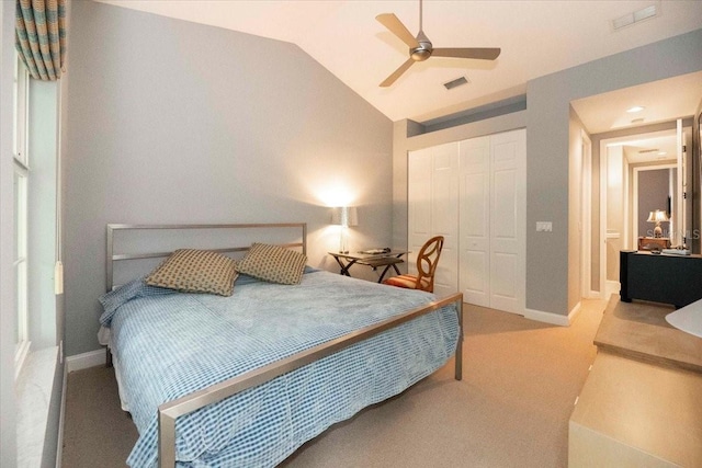 3608 54th Dr W Unit 202, Bradenton, FL 34210 - bedroom featuring vaulted ceiling, a closet, carpet, and ceiling fan