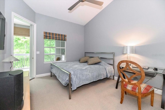3608 54th Dr W Unit 202, Bradenton, FL 34210 - carpeted bedroom with access to exterior, vaulted ceiling, and a ceiling fan