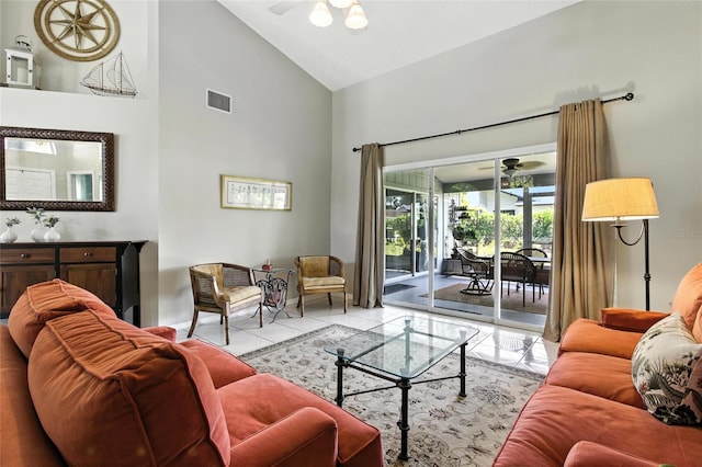 6410 Beechnut Dr, Lakeland, FL 33813 - tiled living room with high vaulted ceiling and ceiling fan