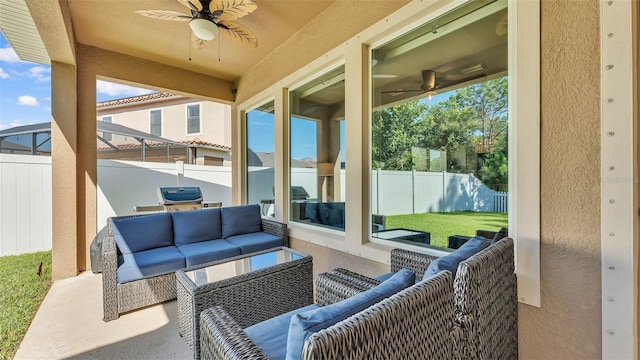11825 Frost Aster Dr, Riverview, FL 33579 - fenced backyard featuring an outdoor hangout area and a ceiling fan