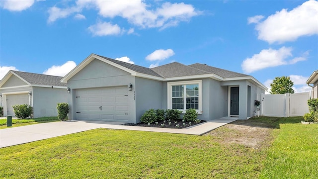 3739 Peregrine Way, Lakeland, FL 33811 - ranch-style home featuring a garage, driveway, stucco siding, a gate, and roof with shingles