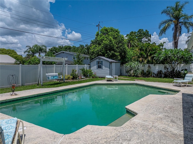 1232 Fairlee St, Lakeland, FL 33813 - view of pool featuring a fenced backyard, a shed, a pergola, and a patio