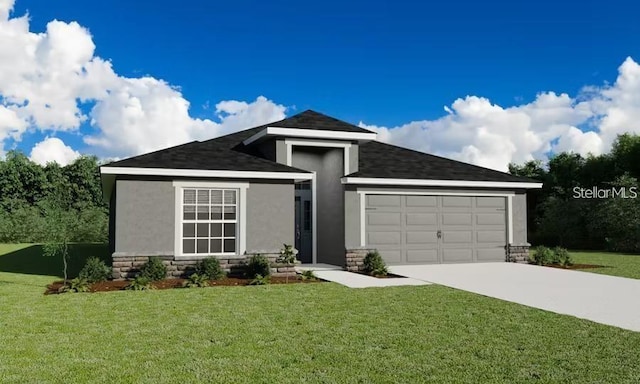2572 58th Cir E, Palmetto, FL 34221 - view of front of property with stucco siding, an attached garage, driveway, a front lawn, and a shingled roof