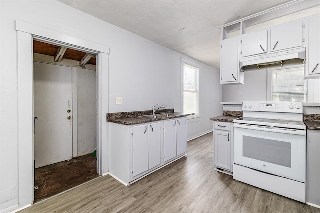 121 F Ave SW, Winter Haven, FL 33880 - kitchen featuring white range with electric cooktop, under cabinet range hood, dark countertops, and light wood finished floors