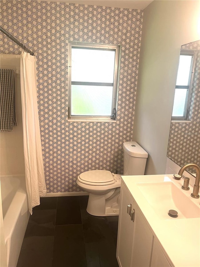 4718 Crystal Ave, Sarasota, FL 34231 - full bathroom featuring vanity, wallpapered walls, and shower / bath combo with shower curtain