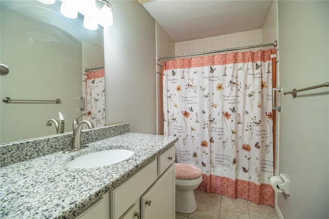3542 Raintree Ct, Lakeland, FL 33803 - bathroom with vanity, tile patterned floors, a shower with curtain, and a textured ceiling