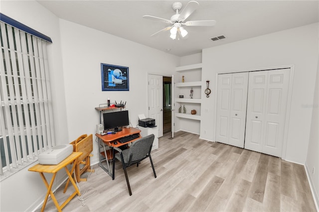 4242 Whistlewood Cir, Lakeland, FL 33811 - office area with light wood-style floors, a ceiling fan, and built in shelves