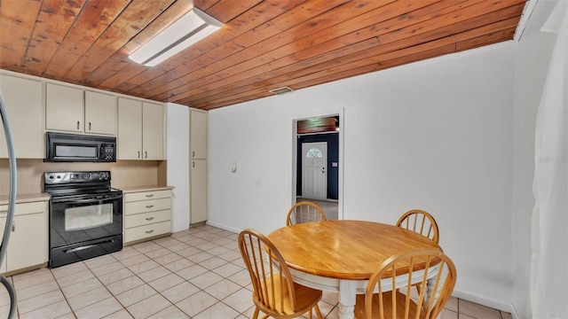 712 N Gary Rd, Lakeland, FL 33801 - kitchen featuring black appliances, wood ceiling, light countertops, light tile patterned floors, and white cabinetry