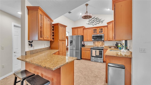 5819 Hollyhock Dr, Lakeland, FL 33813 - kitchen featuring appliances with stainless steel finishes, a peninsula, lofted ceiling, glass insert cabinets, and light stone counters