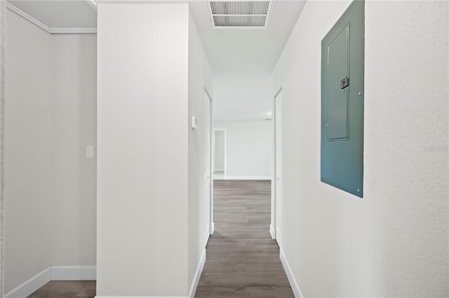 2633 Keysville Dr, Lithia, FL 33547 - corridor with electric panel and wood finished floors