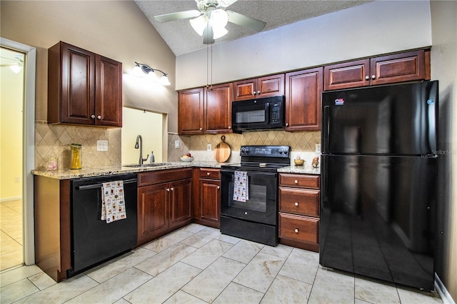 3582 Raintree Ct, Lakeland, FL 33803 - kitchen featuring black appliances, ceiling fan, decorative backsplash, light stone counters, and high vaulted ceiling