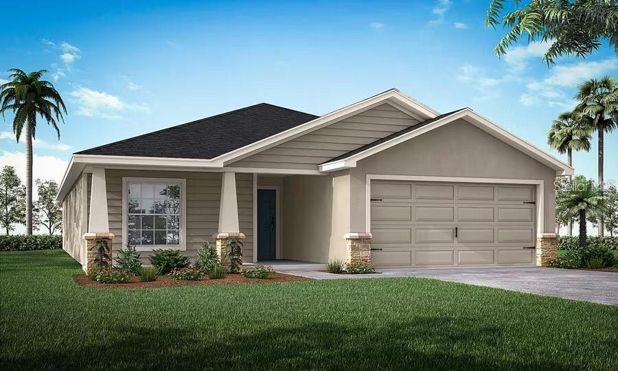 7084 162nd Pl E, Parrish, FL 34219 - ranch-style home featuring a garage, concrete driveway, a front yard, stone siding, and roof with shingles