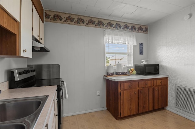 3521 Publix Rd, Lakeland, FL 33810 - kitchen featuring electric stove, black microwave, under cabinet range hood, light countertops, and light floors
