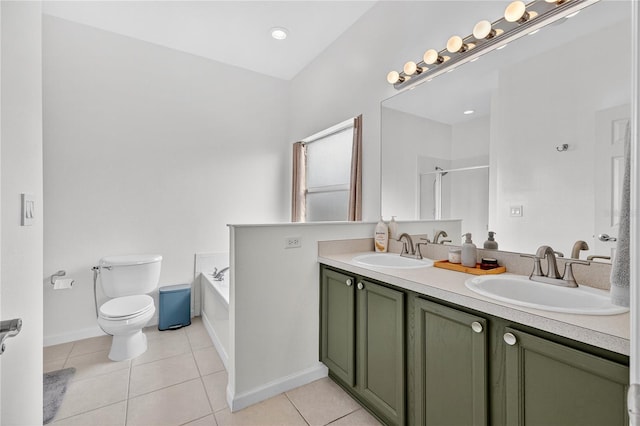 1026 Mohawk Ave NW, Palm Bay, FL 32907 - bathroom featuring tile patterned floors, double vanity, a garden tub, and an enclosed shower