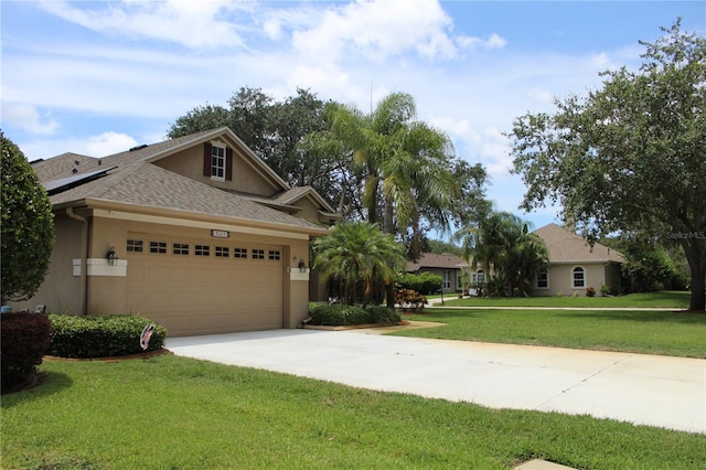 3023 Northfield Dr, Tarpon Springs, FL 34688 - view of front of property with stucco siding, concrete driveway, a front lawn, a garage, and roof with shingles