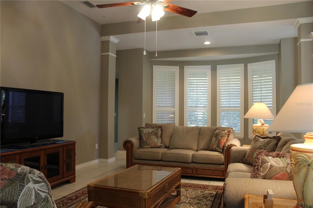 3023 Northfield Dr, Tarpon Springs, FL 34688 - living room featuring light tile patterned flooring, ceiling fan, and recessed lighting