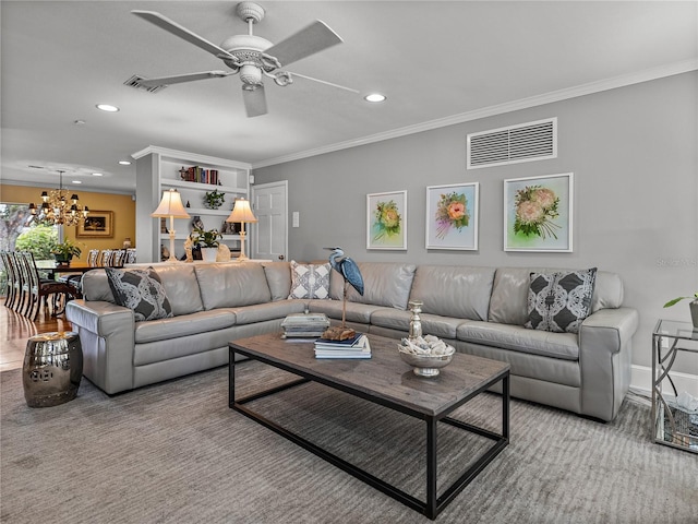 2213 Woodbine Ave, Lakeland, FL 33803 - carpeted living area with crown molding, recessed lighting, a ceiling fan, and a chandelier
