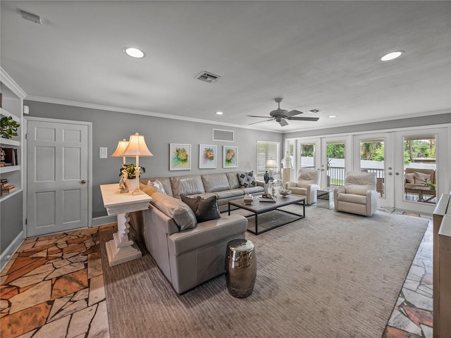 2213 Woodbine Ave, Lakeland, FL 33803 - living area featuring stone tile flooring, crown molding, recessed lighting, a ceiling fan, and french doors