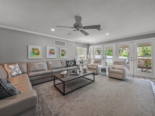 2213 Woodbine Ave, Lakeland, FL 33803 - living room featuring ornamental molding, ceiling fan, french doors, and recessed lighting