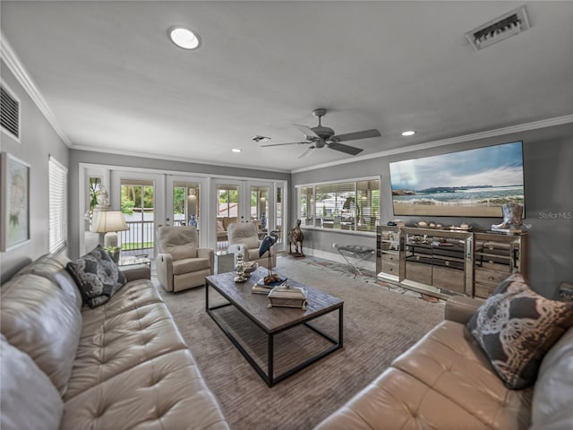 2213 Woodbine Ave, Lakeland, FL 33803 - living area featuring ornamental molding, a ceiling fan, recessed lighting, and french doors