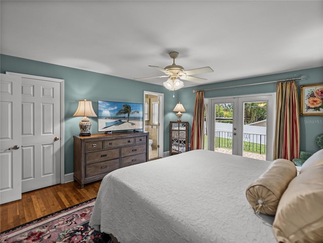 2213 Woodbine Ave, Lakeland, FL 33803 - bedroom with access to exterior, wood finished floors, ceiling fan, connected bathroom, and french doors