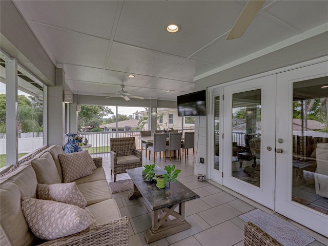 2213 Woodbine Ave, Lakeland, FL 33803 - sunroom featuring french doors, ceiling fan, an outdoor living space, and healthy amount of natural light