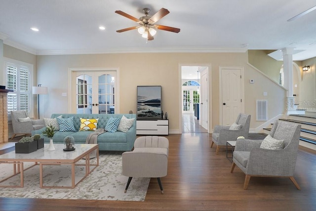 207 W Maxwell St, Lakeland, FL 33803 - living area featuring wood finished floors, stairway, ornamental molding, ceiling fan, and recessed lighting