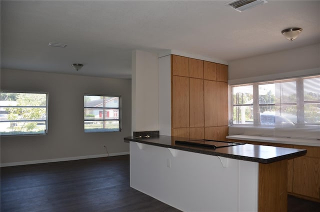132 Mckean St Unit A, B, Auburndale, FL 33823 - kitchen with black stovetop, a kitchen bar, dark wood finished floors, a peninsula, and dark countertops