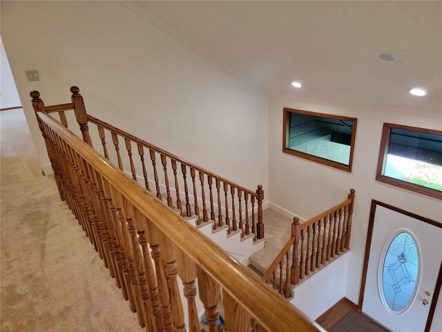 1842 Pinnacle Dr, Lakeland, FL 33813 - staircase with carpet flooring, ornamental molding, and recessed lighting