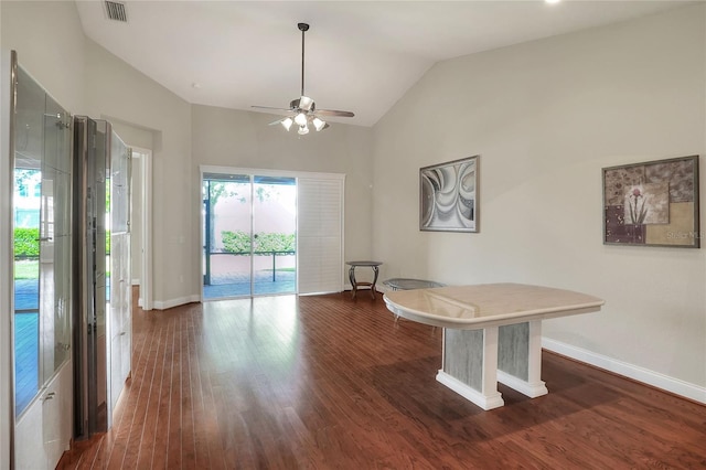 2929 Mission Lakes Dr Unit 10, Lakeland, FL 33803 - unfurnished dining area with ceiling fan, lofted ceiling, and dark wood-type flooring