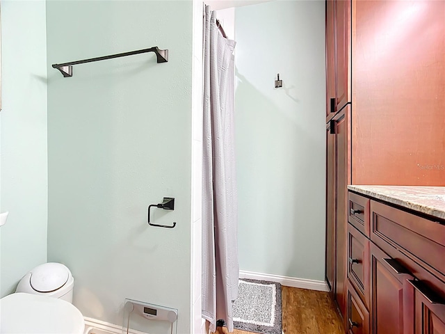 310 Keystone Rd, Auburndale, FL 33823 - bathroom featuring wood finished floors, vanity, and a shower with shower curtain