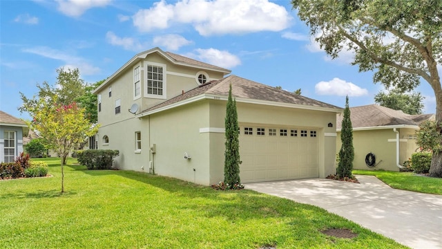 4445 Pebble Pointe Dr, Lakeland, FL 33813 - view of side of home with stucco siding, a garage, a yard, driveway, and a shingled roof