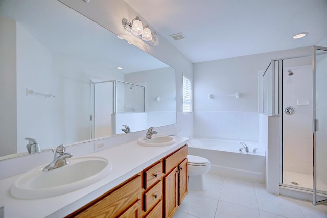 3782 Rollingsford Cir, Lakeland, FL 33810 - bathroom with a bath, a stall shower, tile patterned flooring, and double vanity