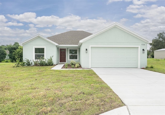 724 Voight Ave N, Fort Meade, FL 33841 - ranch-style home featuring a garage, a front yard, driveway, roof with shingles, and stucco siding