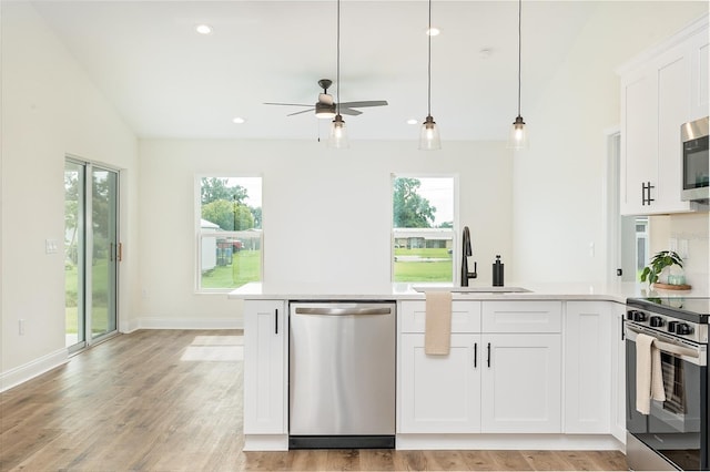 724 Voight Ave N, Fort Meade, FL 33841 - kitchen featuring stainless steel appliances, a peninsula, healthy amount of natural light, light wood-style flooring, and recessed lighting
