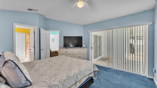 526 Allison Ave, Davenport, FL 33897 - bedroom featuring vaulted ceiling, dark colored carpet, access to exterior, and ceiling fan