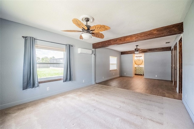 252 W Brookins Ave, Eagle Lake, FL 33839 - carpeted empty room featuring a ceiling fan, a wall unit AC, and beamed ceiling