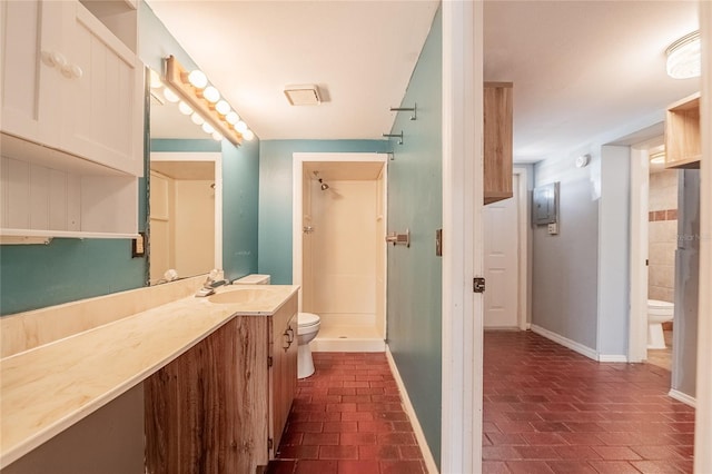 252 W Brookins Ave, Eagle Lake, FL 33839 - bathroom with brick flooring, a shower stall, and vanity