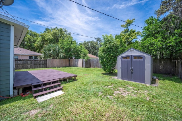1515 King Ave, Lakeland, FL 33803 - fenced backyard featuring a storage unit and a wooden deck