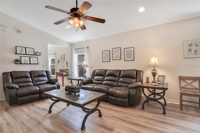 11607 Hammocks Glade Dr, Riverview, FL 33569 - living area featuring lofted ceiling, a ceiling fan, light wood-style flooring, and recessed lighting